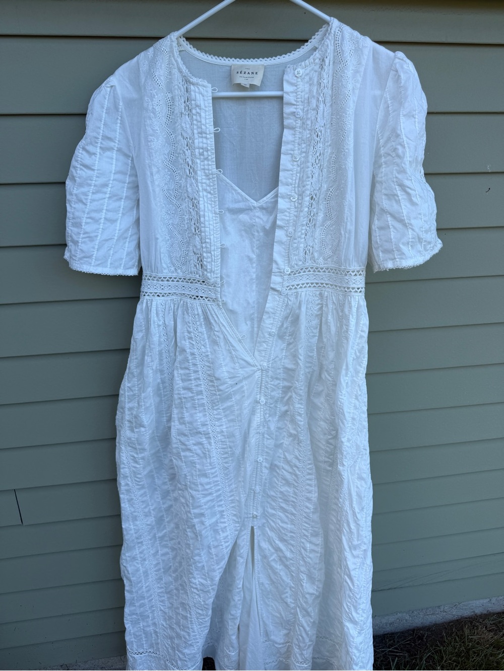 Sezane White Cotton Lace-Detail Long Dress